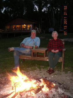 Grace and Wayne at the campfire Barker Bay Resort